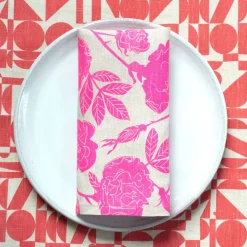 Clearance All-Linen Tea Towel Screen Printed With Tomato-Soup Red Geometrics Tea Towels