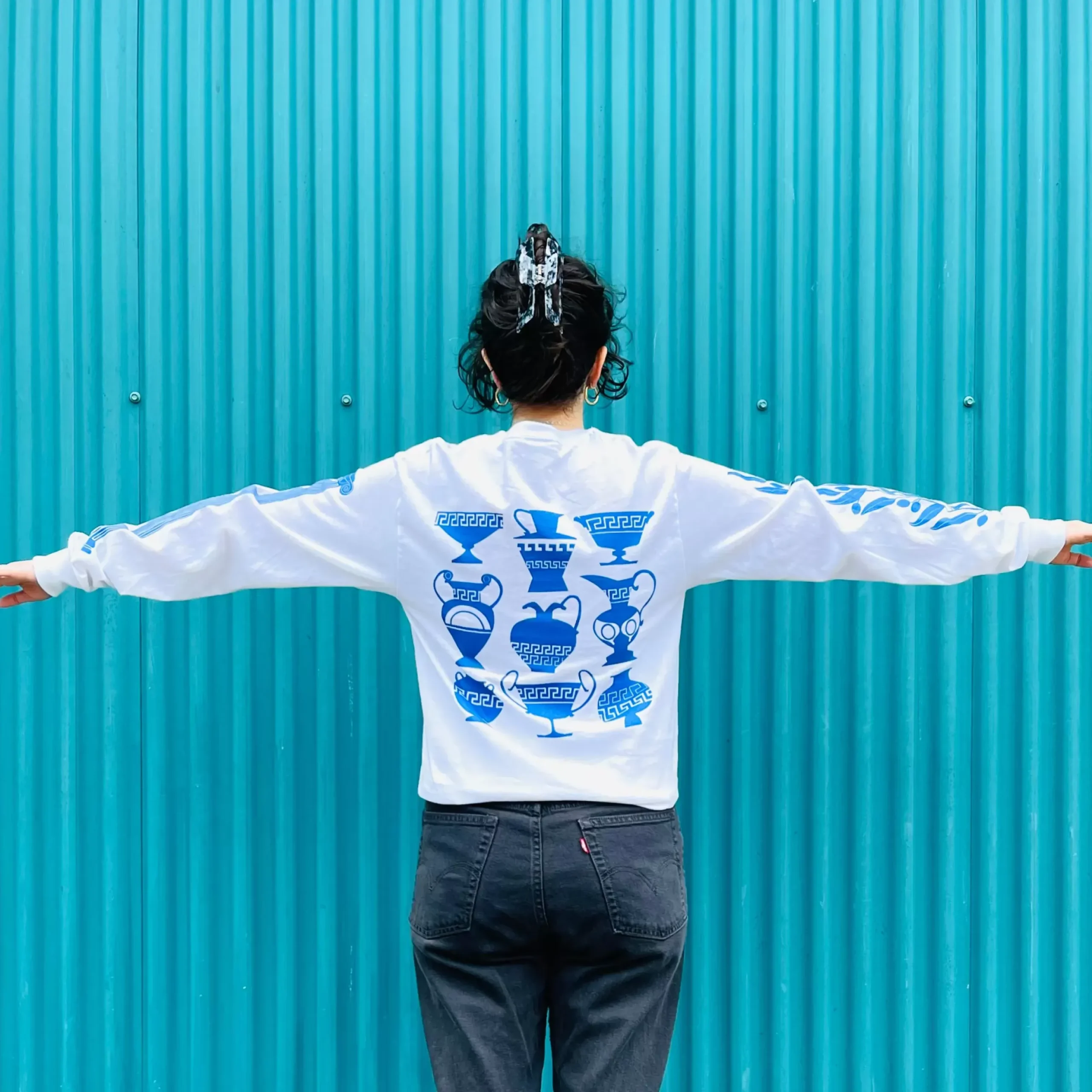 New Blue And White The Greeks Long Sleeved Skate Shirt Tops & Bottoms