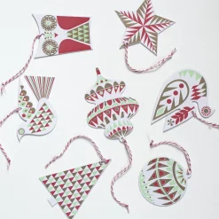 Store Christmas Ornament Garland Gift Tag Set In Mint, Red And Gold - Set Of 7 Letter Press Gift Tags