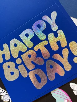 Sale Glitter Foil On Blue Happy Birthday Note Card Metallic Foils