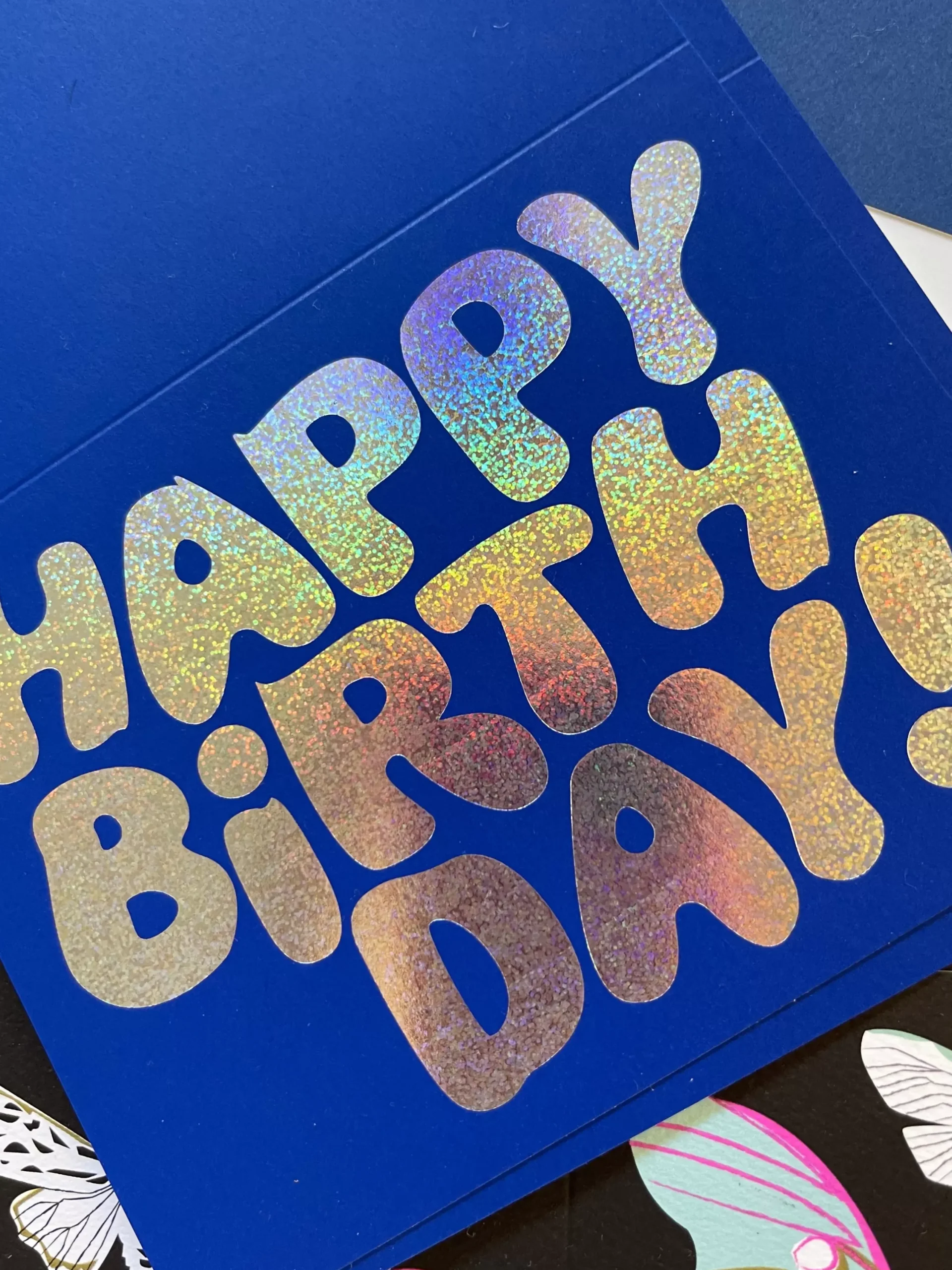 Sale Glitter Foil On Blue Happy Birthday Note Card Metallic Foils
