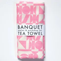 Online Linen Tea Towel - Screen Printed Geometrics - Bubblegum Pink On White Tea Towels