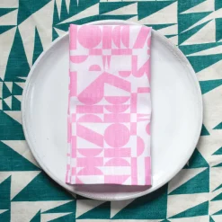 Online Linen Tea Towel - Screen Printed Geometrics - Bubblegum Pink On White Tea Towels